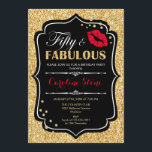 50th Birthday - Fifty Fabulous Gold Black Red Invitation<br><div class="desc">50th Birthday Invitation.
Elegant black white design with faux glitter gold. Features red lips kiss,  confetti and script font. Perfect for an elegant birthday party. Fifty Fabulous! Message me if you need further customization.</div>
