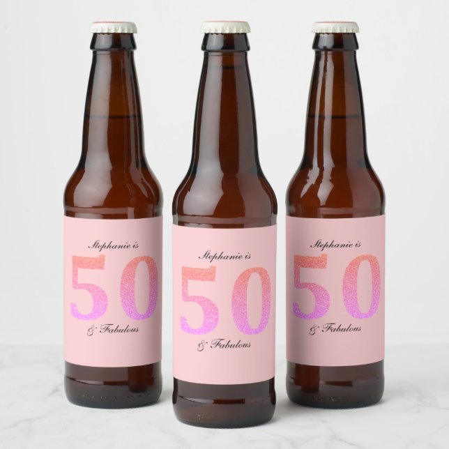 50th Birthday Fifty Fabulous Name Pink Glitter Beer Bottle Label (Bottles)