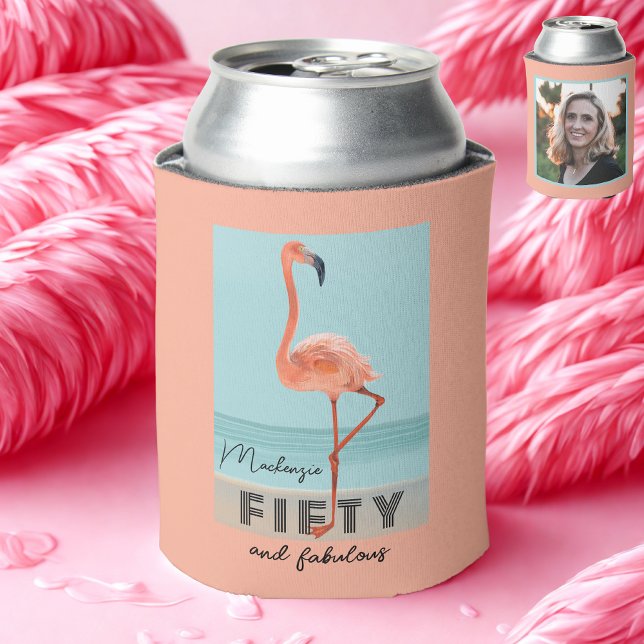 50th Birthday Fifty Fabulous Pink Flamingo Photo Can Cooler (A fifty and fabulous pink can cooler with a flamingo among pink feathers.)