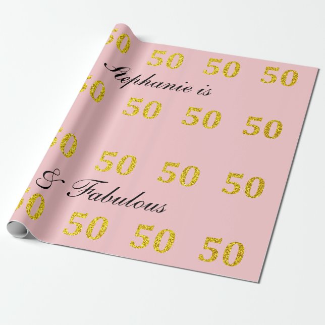 50th Birthday Fifty Fabulous Pink Gold Glitter Wrapping Paper (Unrolled)