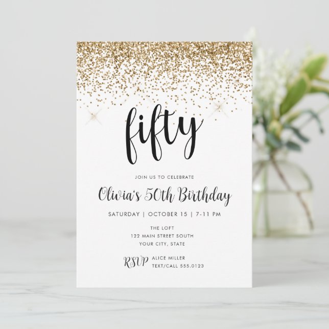 50th Birthday Fifty Gold Glitter Confetti Invitation (Standing Front)