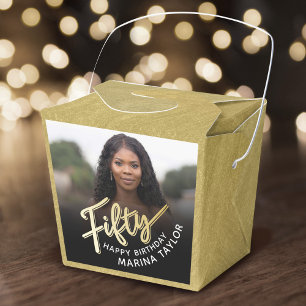 50th birthday Fifty script gold black photo  Favour Box