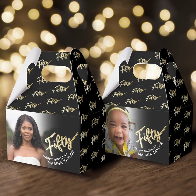 50th birthday Fifty script gold black photo  Favour Box (Creator Uploaded)