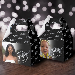 50th birthday Fifty script silver black photo  Favour Box