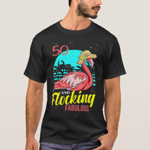50th Birthday Flamingo In A Hat Palm Tree Sunset F T-Shirt