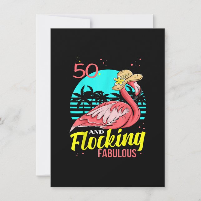 50th Birthday, Flamingo In A Hat, Palm Tree Sunset Invitation (Front)