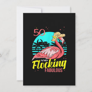 50th Birthday, Flamingo In A Hat, Palm Tree Sunset Invitation