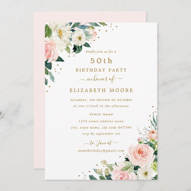 50th Birthday Floral Blush Gold Invitation (Front/Back)