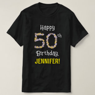 50th Birthday: Floral Flowers Number “50” + Name T-Shirt