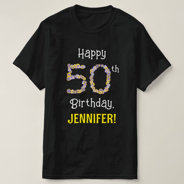 50th Birthday: Floral Flowers Number “50” + Name T-Shirt (Design Front)