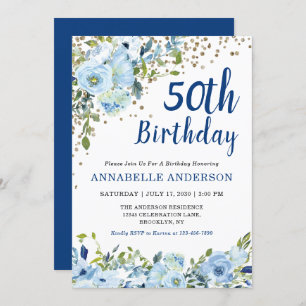 50th Birthday Floral Navy Blue Gold Glitter Dots Invitation