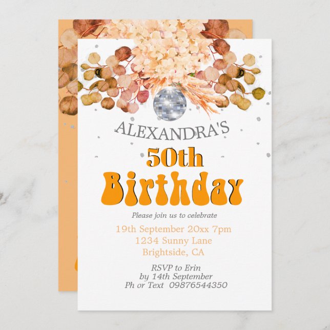 50th Birthday Floral Orange Disco Ball Invitation (Front/Back)