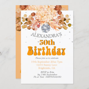 50th Birthday Floral Orange Disco Ball Invitation