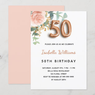 50th birthday floral rose gold eucalyptus greenery invitation