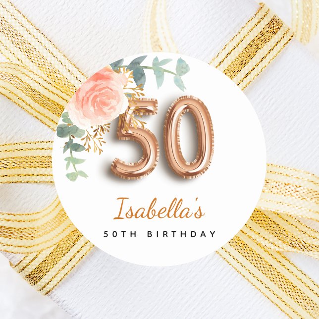 50th birthday floral rose gold eucalyptus monogram classic round sticker (Creator Uploaded)