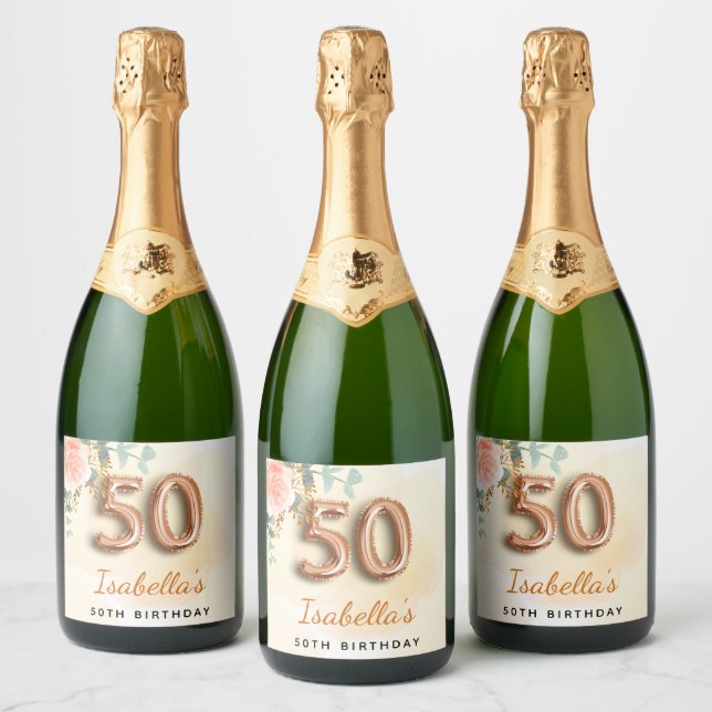50th birthday floral rose gold eucalyptus monogram sparkling wine label (Bottles)
