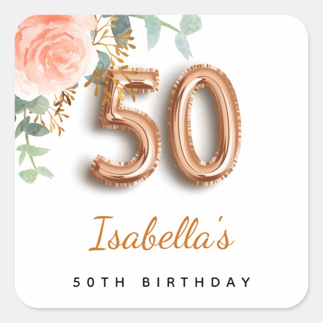 50th birthday floral rose gold eucalyptus monogram square sticker (Front)