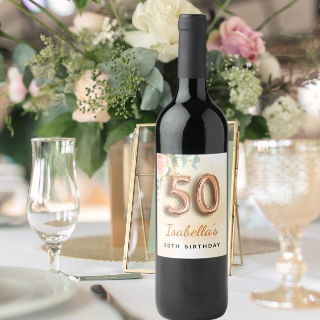 50th birthday floral rose gold eucalyptus monogram wine label (Creator Uploaded)