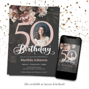 50th Birthday Floral Soft Pink Lush Elegant Photo Invitation