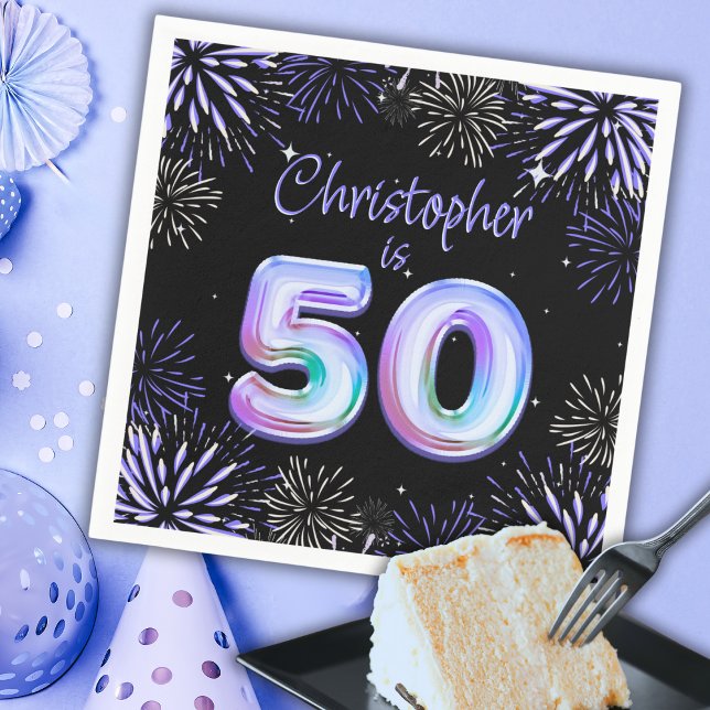 50th Birthday for Him Blue Fireworks Foil Balloon  Napkin (Creator Uploaded)