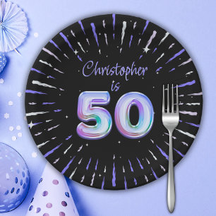 50th Birthday for Him Blue Fireworks Foil Balloon  Paper Plate