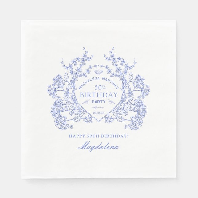 50th Birthday French Blue Floral Crest Custom Napkin (Front)