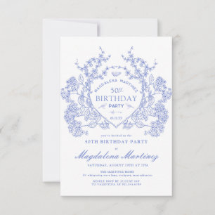 50th Birthday French Vintage Blue Floral Crest Invitation
