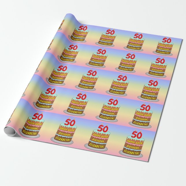 50th Birthday: Fun Cake and Candles + Custom Name Wrapping Paper (Unrolled)