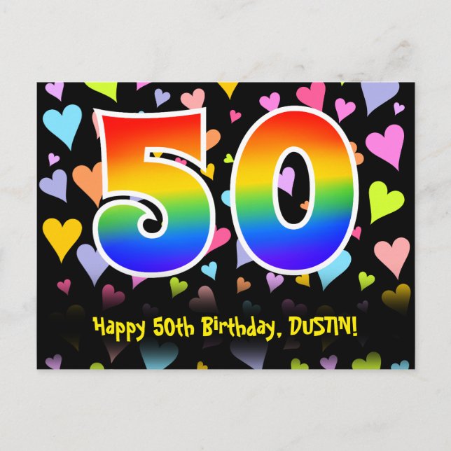 50th Birthday: Fun Hearts Pattern, Rainbow 50 Postcard (Front)