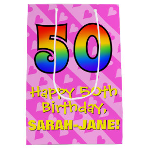 50th Birthday: Fun Pink Hearts Stripes; Rainbow 50 Medium Gift Bag