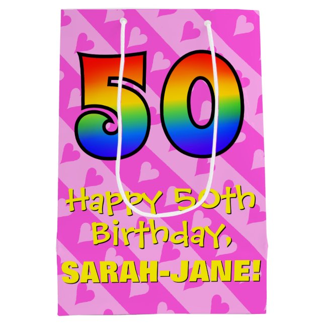 50th Birthday: Fun Pink Hearts Stripes; Rainbow 50 Medium Gift Bag (Back)