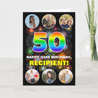 50th Birthday: Fun Rainbow #, Custom Name & Photos Card
