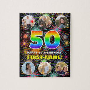 50th Birthday: Fun Rainbow #, Custom Name + Photos Jigsaw Puzzle