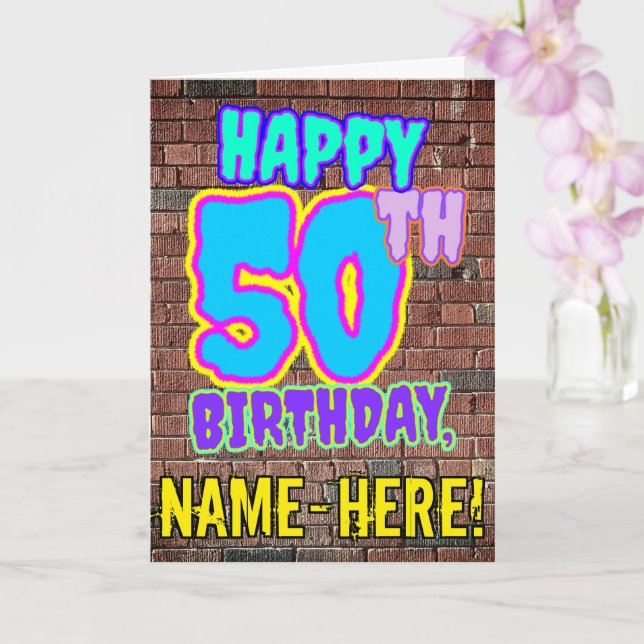 50th Birthday - Fun, Urban Graffiti Inspired Look Card (Orchid)