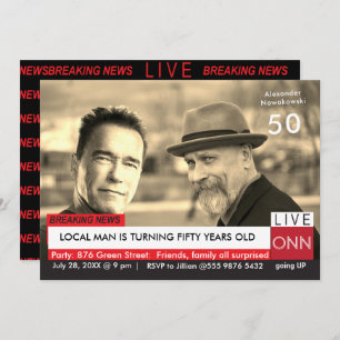 50th Birthday Funny TV News Arnold Schwarzenegger Invitation