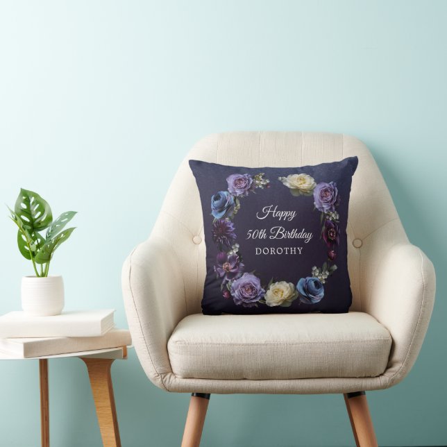 50th Birthday Gift Custom Moody Purple Flower Cushion (Chair)