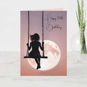 50th Birthday Girl On Swing With Moon Card