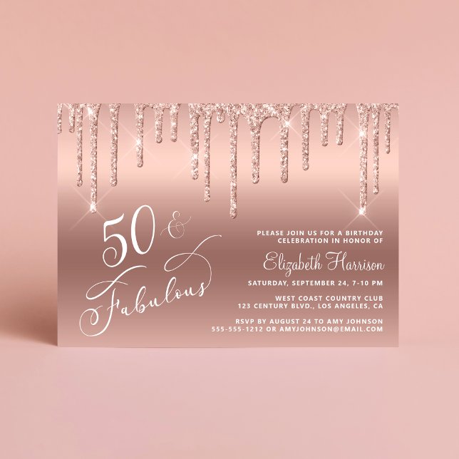50th Birthday Glitter Rose Gold Invitation (Celebrate her 50 years of sparkle with an elegant rose gold glitter birthday party invitation  🎂 🥂)
