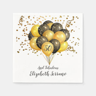 50th Birthday Gold And Black Balloons And Confetti Napkin