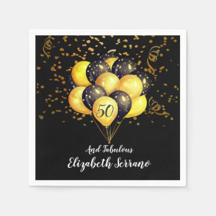 50th Birthday Gold And Black Balloons And Confetti Napkin