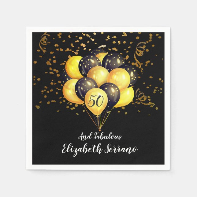 50th Birthday Gold And Black Balloons And Confetti Napkin (Front)