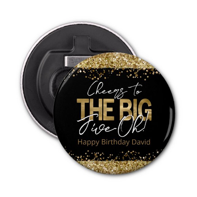 50th Birthday Gold and Black Big Five-Oh Bottle Op Bottle Opener (Front)