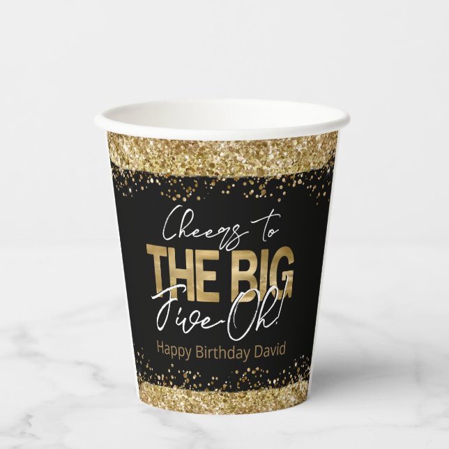 50th Birthday Gold and Black Big Five-Oh Paper Cups (Front)