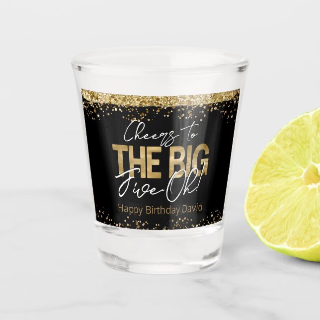 50th Birthday Gold and Black Big Five-Oh  Shot Gla Glass (Front)