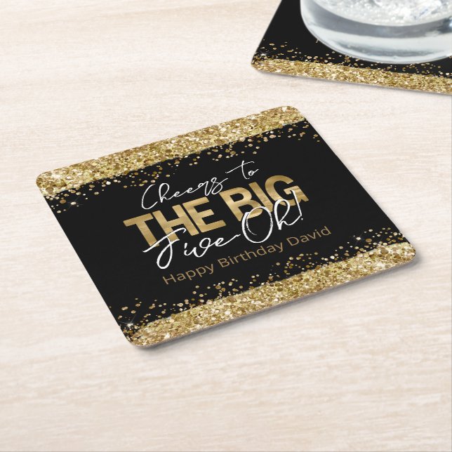 50th Birthday Gold and Black Big Five-Oh Square Pa Paper Coaster (Angled)