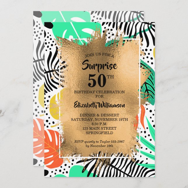 50th Birthday Gold and Modern Tropical Invitation (Front/Back)