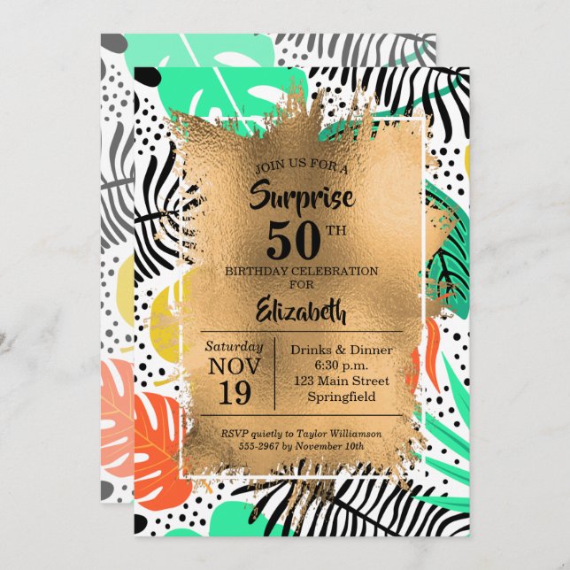 50th Birthday Gold and Modern Tropical Invitations (Front/Back)