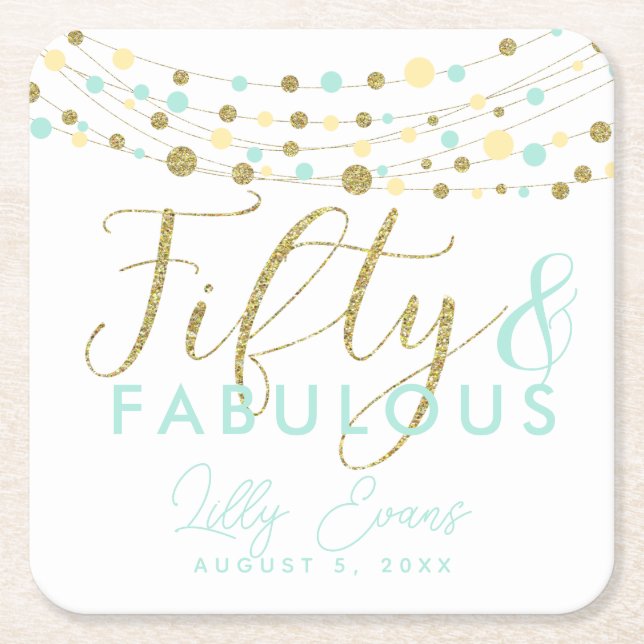 50th birthday gold and teal coasters customised (Front)