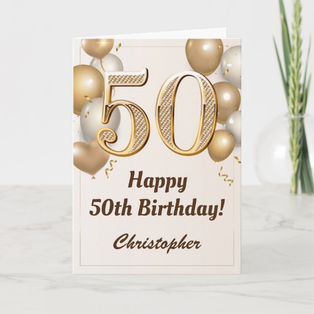 50th Birthday Gold Balloons and Confetti Birthday Card (Front)