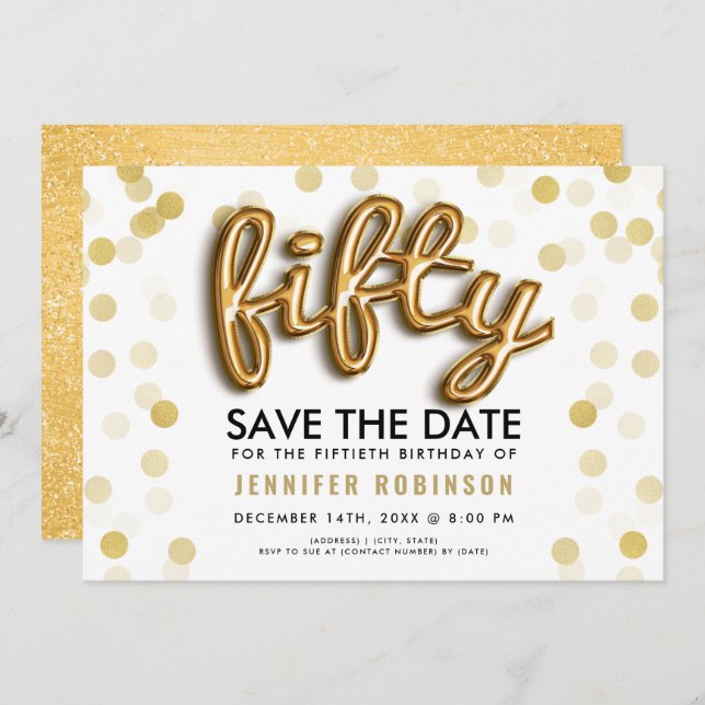 50th Birthday Gold Balloons Glitter Confetti Invitation (Front/Back)